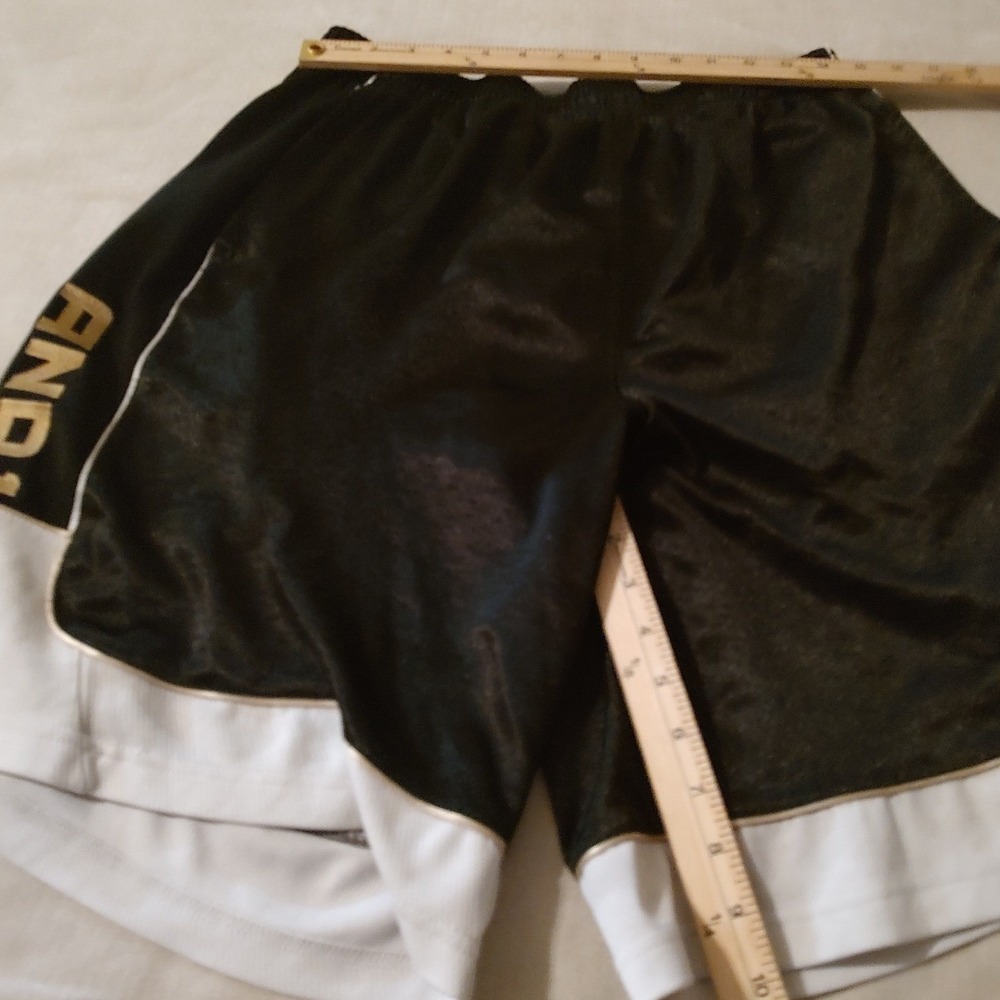 AND1 Basketball Shorts Mens M Black White Gold Excellent Shiny Tricot Athletic